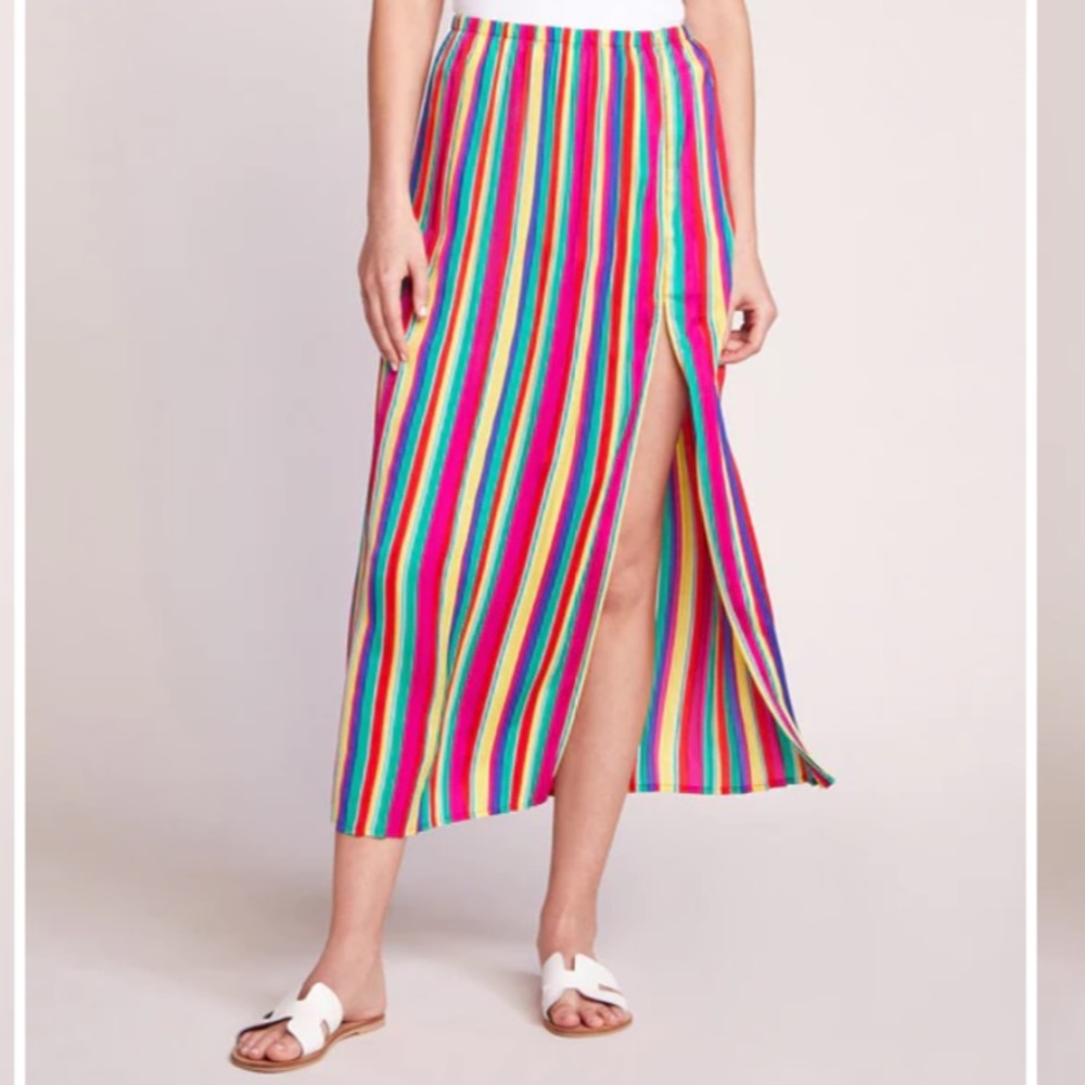 BB Dakota mid rise rainbow stripe slit midi skirt